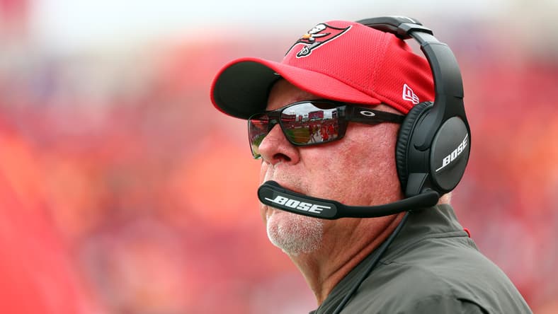 Tampa Bay Buccaneers HC Bruce Arians looks from sideline