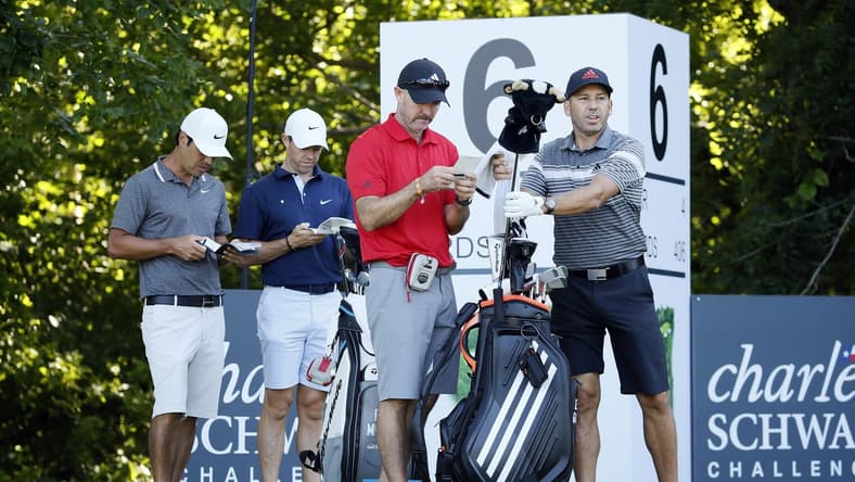 Sergio Garcia prepares to play a shot from the sixth tee during a practice round for the Charles Schwab Challenge golf tournament at Colonial Country Club
