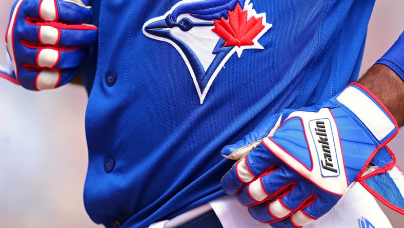 Mar 25, 2018; Dunedin, FL, USA; A view of the Blue Jays logo on an official Majestic game jersey during a game between the Pittsburgh Pirates and the Toronto Blue Jays at Florida Auto Exchange Stadium. Mandatory Credit: Aaron Doster-USA TODAY Sports
