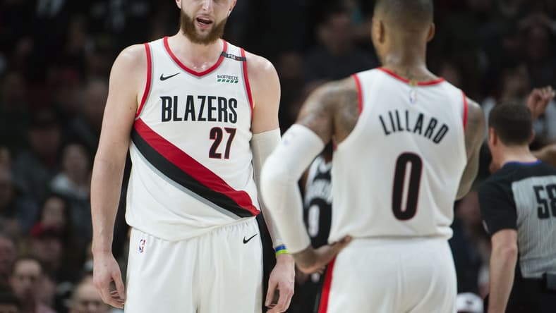 Blazers Jusuf Nurkic and Damian Lillard during game against the Nets