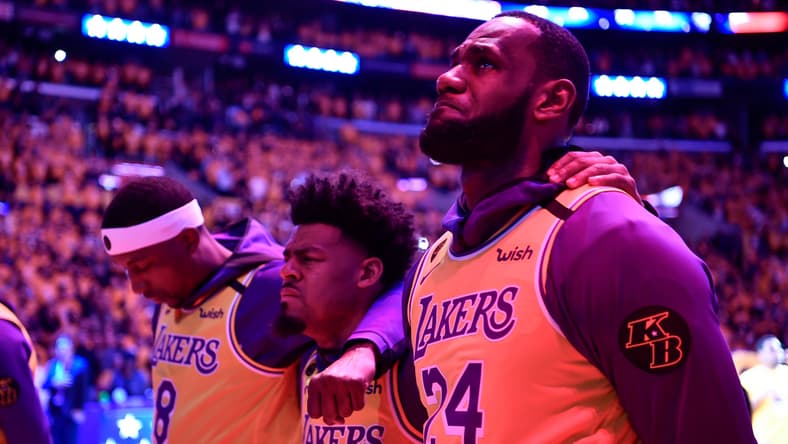 Los Angeles Lakers star Kobe Bryant and teammate wears jersey honoring Kobe Bryant