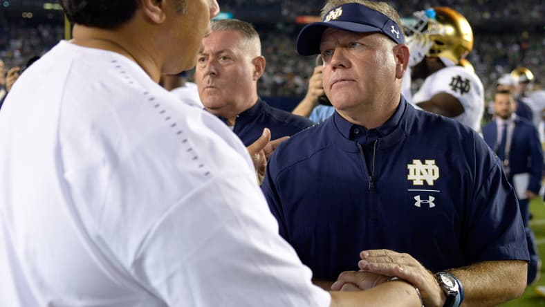 Notre Dame coach Brian Kelly and Navy coach Ken Niumatalolo