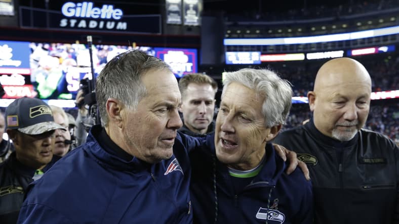 Seattle Seahawks coach Pete Carroll and New England Patriots coach Bill Belichick