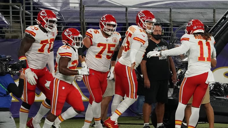 Chiefs QB Patrick Mahomes celebrates during game against Ravens
