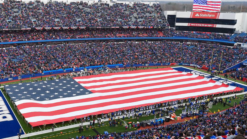 Nov 24, 2019; Orchard Park, NY, USA; General view of an American Flag on the field during the National Anthem prior to the game between the Denver Broncos and the Buffalo Bills at New Era Field. Mandatory Credit: Rich Barnes-USA TODAY Sports