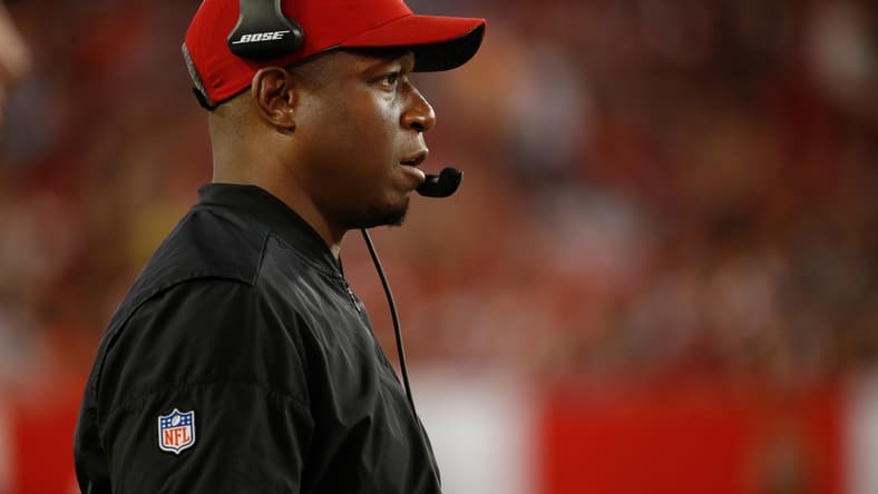 Dec 18, 2017; Tampa, FL, USA; Atlanta Falcons assistant head coach Raheem Morris during the second half against the Tampa Bay Buccaneers at Raymond James Stadium. Mandatory Credit: Kim Klement-USA TODAY Sports