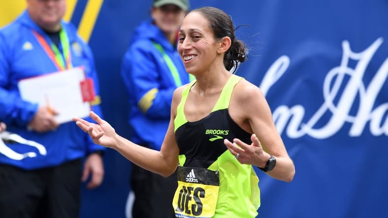 Apr 15, 2019; Boston, MA, USA; Desiree Linden (USA) reacts at the finish line in the 2019 Boston Marathon. Mandatory Credit: Brian Fluharty-USA TODAY Sports