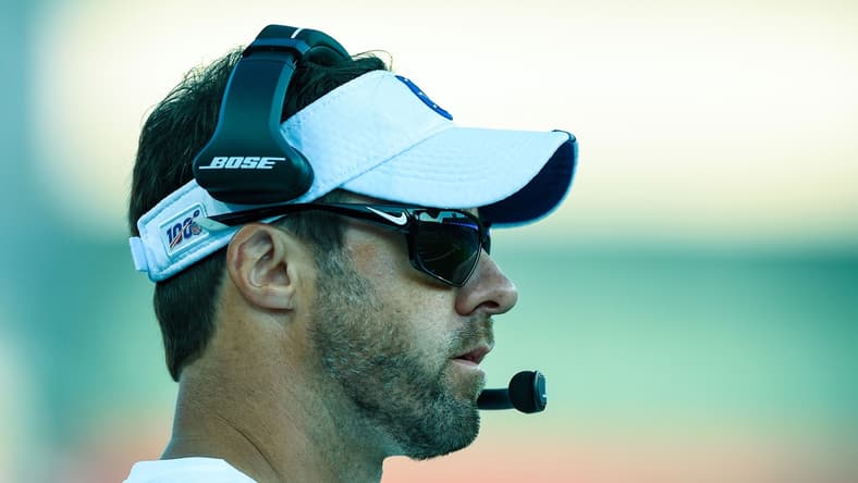 Aug 8, 2019; Orchard Park, NY, USA; Indianapolis Colts offensive coordinator Nick Sirianni looks on against the Buffalo Bills during the second quarter at New Era Field. Mandatory Credit: Rich Barnes-USA TODAY Sports