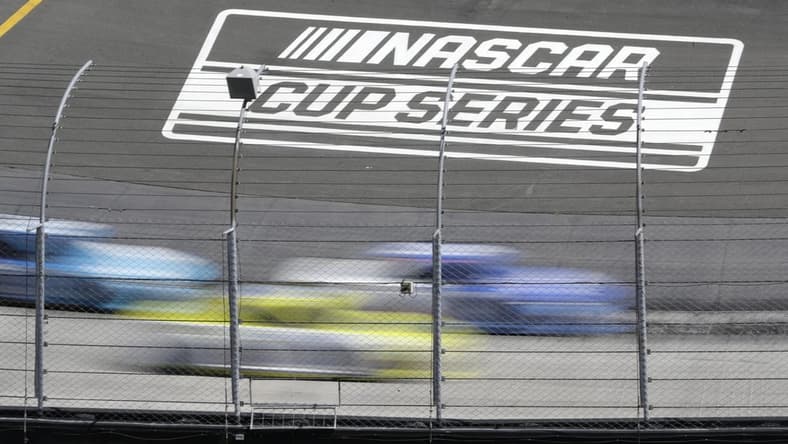 May 31, 2020; Bristol, TN, USA; A general view of the NASCAR Cup Series logo as drivers race at Bristol Motor Speedway. Mandatory Credit: Mark Humphrey/Pool Photo via USA TODAY Network