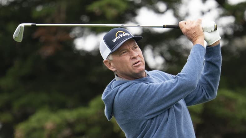 Aug 5, 2020; San Francisco, California, USA; Davis Love III hits his tee shot on the 11th hole during a practice round of the PGA Championship golf tournament at TPC Harding Park. Mandatory Credit: Kyle Terada-USA TODAY Sports