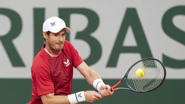 Sep 27, 2020; Paris, France; Andy Murray (GBR) in action during his match against Stanislas Wawrinka (SUI) on day one at Stade Roland Garros. Mandatory Credit: Susan Mullane-USA TODAY Sports