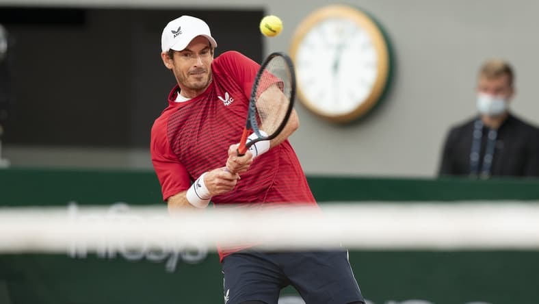 Sep 27, 2020; Paris, France; Andy Murray (GBR) in action during his match against Stanislas Wawrinka (SUI) on day one at Stade Roland Garros. Mandatory Credit: Susan Mullane-USA TODAY Sports