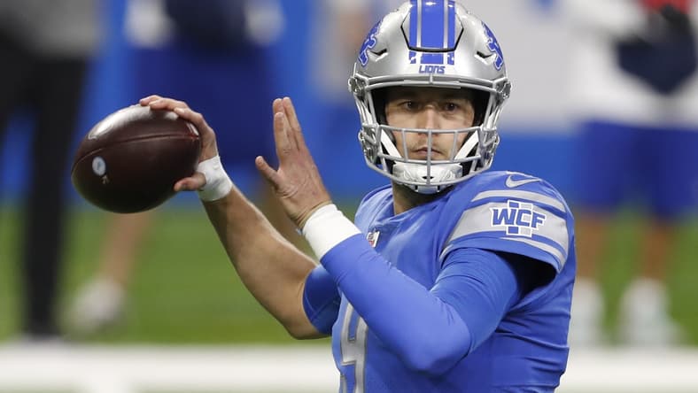 Jan 3, 2021; Detroit, Michigan, USA; Detroit Lions quarterback Matthew Stafford (9) passes the ball during the first quarter against the Minnesota Vikings at Ford Field. Mandatory Credit: Raj Mehta-USA TODAY Sports