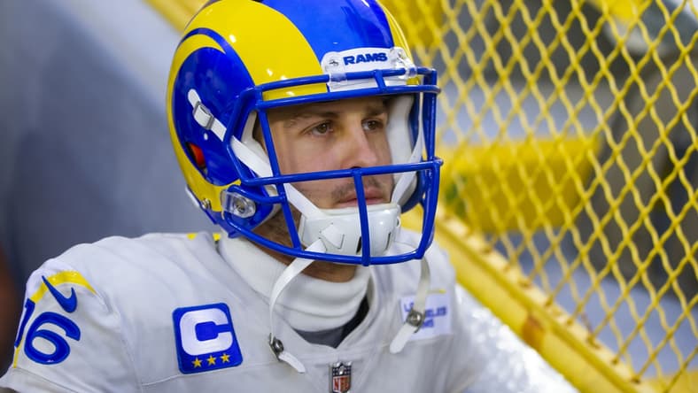 Jan 16, 2021; Green Bay, Wisconsin, USA; Los Angeles Rams quarterback Jared Goff (16) against Green Bay Packers during the NFC Divisional Round at Lambeau Field. Mandatory Credit: Mark J. Rebilas-USA TODAY Sports