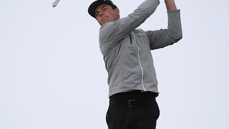 Jan 29, 2021; San Diego, California, USA; Viktor Hovland plays his shot from the eighth tee during the second round of the Farmers Insurance Open golf tournament at Torrey Pines Municipal Golf South Course. Mandatory Credit: Orlando Ramirez-USA TODAY Sports