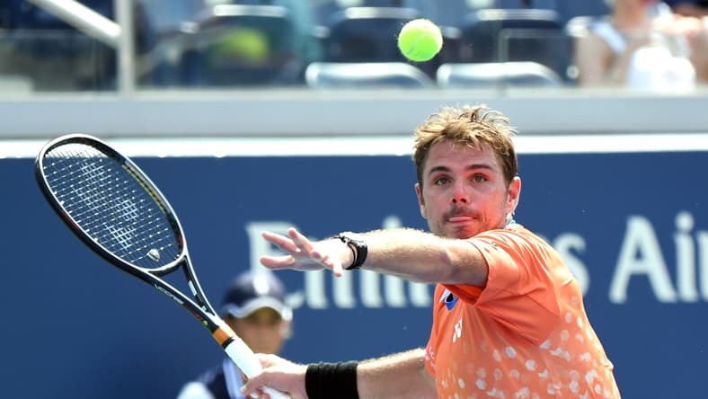 Aug 29, 2018; New York, NY, USA; Stan Wawrinka of Switzerland hits to Ugo Humbert of France in a second round match on day three of the 2018 U.S. Open tennis tournament at USTA Billie Jean King National Tennis Center. Mandatory Credit: Danielle Parhizkaran-USA TODAY SPORTS