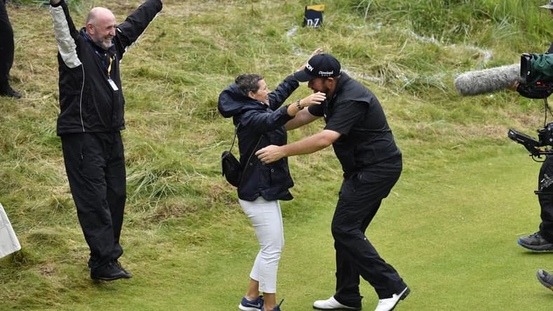 Jul 21, 2019; Portrush, IRL; Shane Lowry celebrates with his mother after winning The Open Championship golf tournament during the final round at Royal Portrush Golf Club -  Dunluce Course. Mandatory Credit: Steve Flynn-USA TODAY Sports