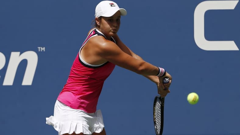 Sep 1, 2019; Flushing, NY, USA; Ashleigh Barty of Australia hits a backhand against Qiang Wang of China (not pictured) in the fourth round on day seven of the 2019 US Open tennis tournament at USTA Billie Jean King National Tennis Center. Mandatory Credit: Geoff Burke-USA TODAY Sports