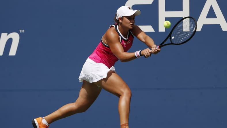 Sep 1, 2019; Flushing, NY, USA; Ashleigh Barty of Australia hits a backhand against Qiang Wang of China (not pictured) in the fourth round on day seven of the 2019 US Open tennis tournament at USTA Billie Jean King National Tennis Center. Mandatory Credit: Geoff Burke-USA TODAY Sports