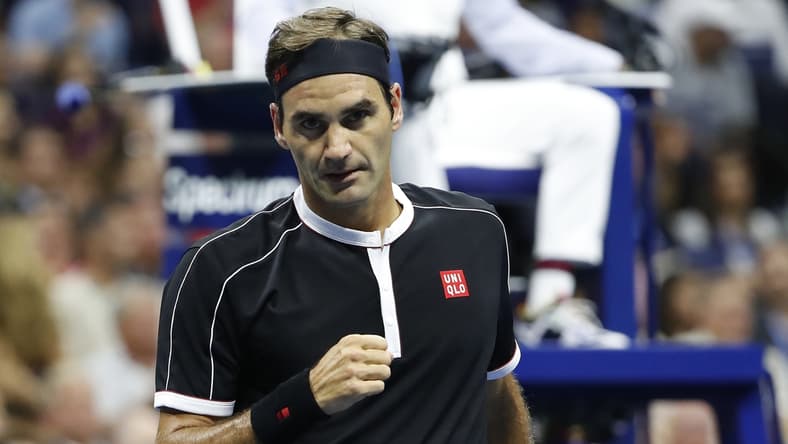 Sep 3, 2019; Flushing, NY, USA; Roger Federer of Switzerland reacts after winning a point against Grigor Dimitrov of Bulgaria (not pictured) in a quarterfinal match on day nine of the 2019 US Open tennis tournament at USTA Billie Jean King National Tennis Center. Mandatory Credit: Geoff Burke-USA TODAY Sports