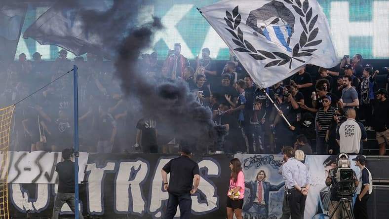 Aug 31, 2019; San Jose, CA, USA; San Jose Earthquakes fans celebrate before the match against Orlando City FC at Avaya Stadium. Mandatory Credit: Stan Szeto-USA TODAY Sports