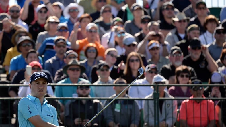Jan 31, 2020; Scottsdale, Arizona, USA; Justin Thomas tees off on the first during the second round of the Waste Management Phoenix Open golf tournament at TPC Scottsdale. Mandatory Credit: Joe Camporeale-USA TODAY Sports