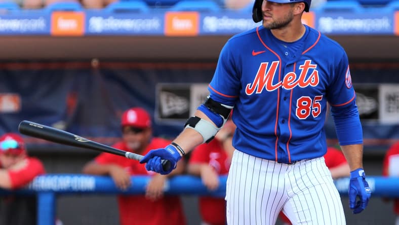 Mar 4, 2020; Port St. Lucie, Florida, USA; New York Mets outfielder Tim Tebow (85) stands at the plate against the St. Louis Cardinals in the the eight inning at First Data Field. Mandatory Credit: Sam Navarro-USA TODAY Sports