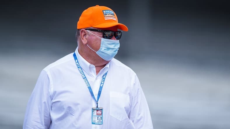 Aug 15, 2020; Indianapolis, IN, USA; IndyCar Series team owner Chip Ganassi during qualifying for the 104th Running of the Indianapolis 500 at Indianapolis Motor Speedway. Mandatory Credit: Mark J. Rebilas-USA TODAY Sports