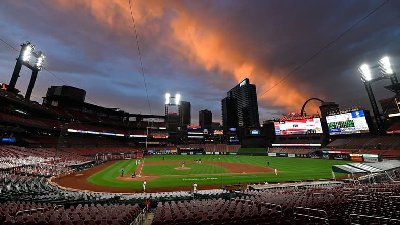 Aug 27, 2020; St. Louis, Missouri, USA;  A view of Busch Stadium as the sunsets during the sixth inning of a game between the St. Louis Cardinals and the Pittsburgh Pirates. Mandatory Credit: Jeff Curry-USA TODAY Sports