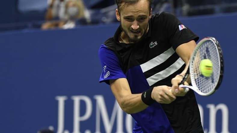 Daniil Medvedev of Russia hits a backhand against Dominic Thiem of Austria (not pictured) in a men's singles semi-finals match on day twelve of the 2020 U.S. Open tennis tournament at USTA Billie Jean King National Tennis Center. Mandatory Credit: Danielle Parhizkaran-USA TODAY Sports