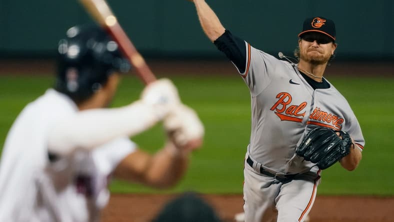 Sep 24, 2020; Boston, Massachusetts, USA; Baltimore Orioles starting pitcher Alex Cobb (17) throws a pitch against the Boston Red Sox in the first inning at Fenway Park. Mandatory Credit: David Butler II-USA TODAY Sports