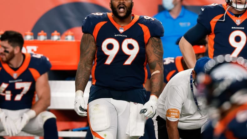 Sep 14, 2020; Denver, Colorado, USA; Denver Broncos defensive end Jurrell Casey (99) in the fourth quarter against the Tennessee Titans at Empower Field at Mile High. Mandatory Credit: Isaiah J. Downing-USA TODAY Sports