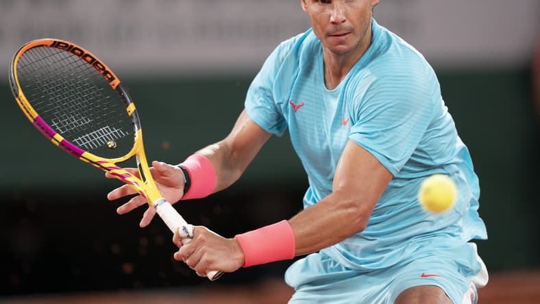 Oct 11, 2020;  Paris, France; Rafael Nadal (ESP) in action during his match against Novak Djokovic (SRB) on day 15 at Stade Roland Garros. Mandatory Credit: Susan Mullane-USA TODAY Sports