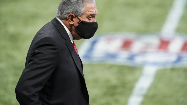 Oct 11, 2020; Atlanta, Georgia, USA; Atlanta Falcons team owner Arthur Blank on the field during the game against the Carolina Panthers during the fourth quarter at Mercedes-Benz Stadium. Mandatory Credit: Dale Zanine-USA TODAY Sports