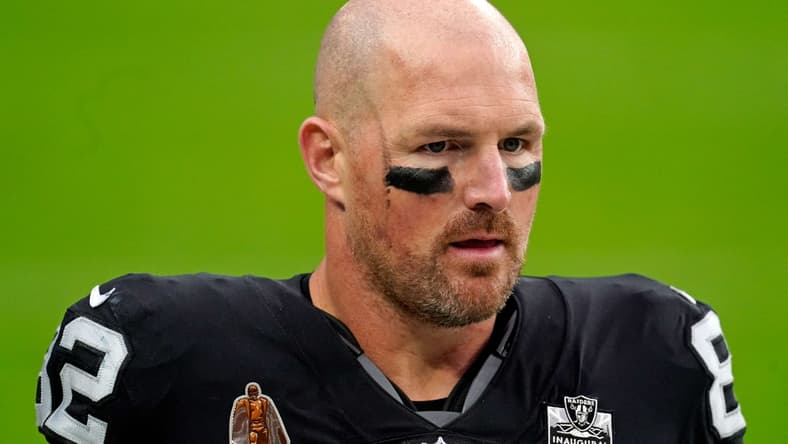 Nov 15, 2020; Paradise, Nevada, USA; Las Vegas Raiders tight end Jason Witten (82) during the first half against the Denver Broncos at Allegiant Stadium. Mandatory Credit: Kirby Lee-USA TODAY Sports