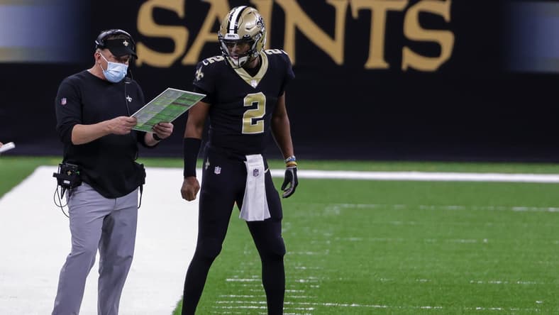 Nov 15, 2020; New Orleans, Louisiana, USA; New Orleans Saints head coach Sean Payton and quarterback Jameis Winston (2) talk on the sideline during the second half against the San Francisco 49ers at the Mercedes-Benz Superdome. Mandatory Credit: Derick E. Hingle-USA TODAY Sports