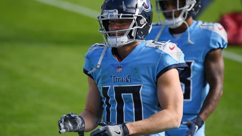 Dec 6, 2020; Nashville, Tennessee, USA; Tennessee Titans wide receiver Adam Humphries (10) before the game against the Cleveland Browns at Nissan Stadium. Mandatory Credit: Christopher Hanewinckel-USA TODAY Sports