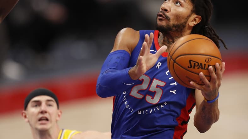 Jan 28, 2021; Detroit, Michigan, USA; Detroit Pistons guard Derrick Rose (25) goes up for a shot during the fourth quarter against the Los Angeles Lakers at Little Caesars Arena. Mandatory Credit: Raj Mehta-USA TODAY Sports