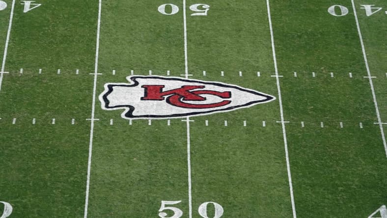 Oct 11, 2020; Kansas City, Missouri, USA; A general view of the Kansas City Chiefs  logo at midfield during the game against the Las Vegas Raiders at Arrowhead Stadium Mandatory Credit: Kirby Lee-USA TODAY Sports