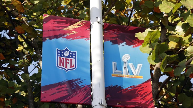Jan 31, 2021; Tampa, Florida, USA; A general view of signage for Super Bowl LV at downtown Tampa Mandatory Credit: Kim Klement-USA TODAY Sports