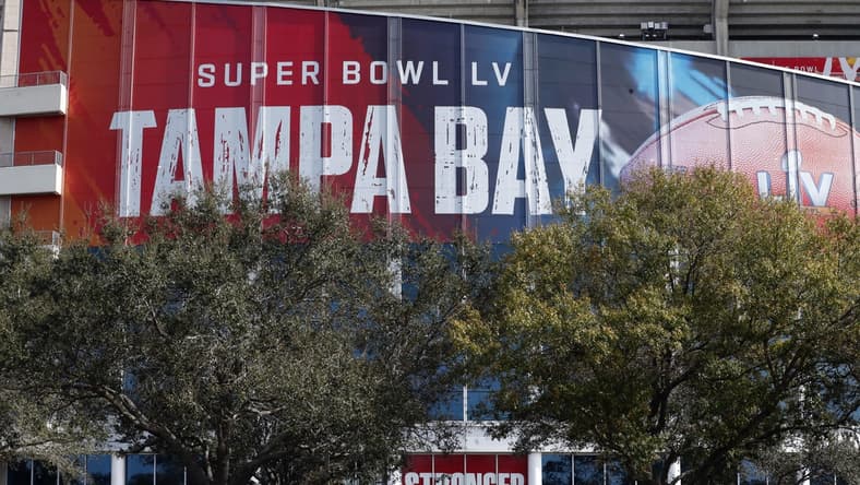 Jan 31, 2021; Tampa, Florida, USA; A general view of signage for Super Bowl LV at Raymond James Stadium Mandatory Credit: Kim Klement-USA TODAY Sports