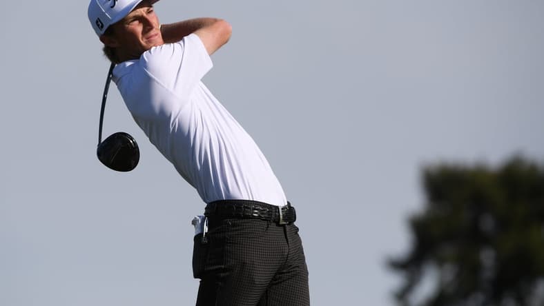 Jan 31, 2021; San Diego, California, USA; Will Zalatoris plays his shot from the second tee during the final round of the Farmers Insurance Open golf tournament at Torrey Pines Municipal Golf Course - South Course. Mandatory Credit: Orlando Ramirez-USA TODAY Sports