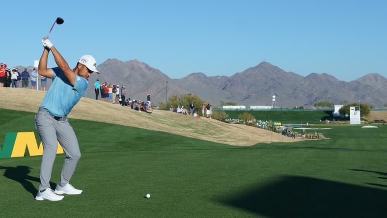 Feb 5, 2021; Scottsdale, Arizona, USA; Xander Schauffele with his tee shot on the 17th during the second round of the Waste Management Phoenix Open golf tournament at TPC Scottsdale. Mandatory Credit: Allan Henry-USA TODAY Sports