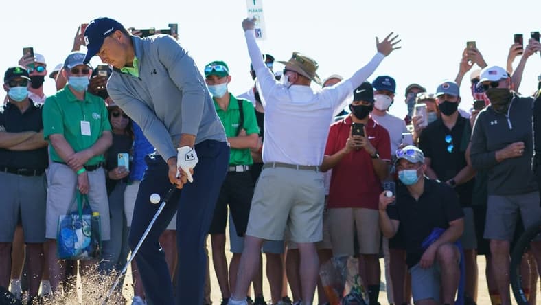 Feb 6, 2021; Scottsdale, Arizona, USA; Jordan Spieth plays to the green of the 17th during the third round of the Waste Management Phoenix Open golf tournament at TPC Scottsdale. Mandatory Credit: Allan Henry-USA TODAY Sports
