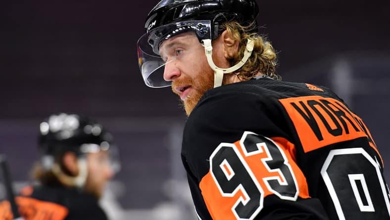 Jan 31, 2021; Philadelphia, Pennsylvania, USA; Philadelphia Flyers right wing Jakub Voracek (93) against the New York Islanders at Wells Fargo Center. Mandatory Credit: Eric Hartline-USA TODAY Sports