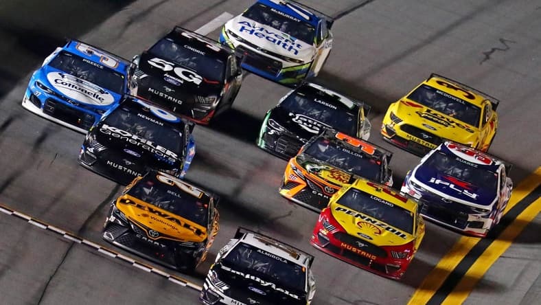 Feb 11, 2021; Daytona Beach, Florida, USA; NASCAR Cup Series driver Aric Almirola (10) wins the Bluegreen Vacations Duel 1 at Daytona International Speedway. Mandatory Credit: Mark J. Rebilas-USA TODAY Sports