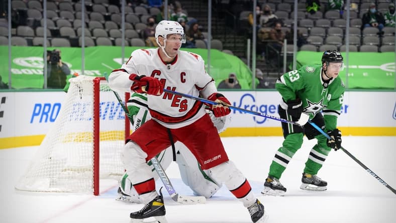 Feb 11, 2021; Dallas, Texas, USA; Carolina Hurricanes center Jordan Staal (11) skates against the Dallas Stars during the third period at the American Airlines Center. Mandatory Credit: Jerome Miron-USA TODAY Sports
