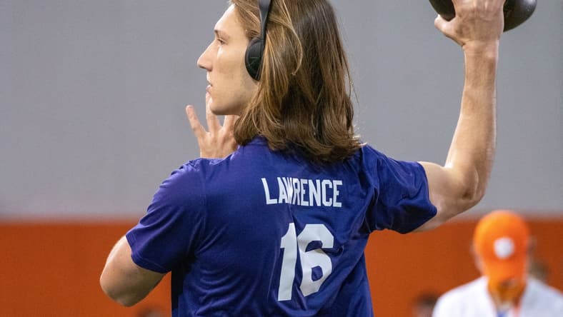 Feb 12, 2021; Clemson, SC, USA; Clemson Tigers quarterback Trevor Lawrence works out during Pro Day in Clemson, South Carolina. Mandatory Credit: David Platt/Handout Photo via USA TODAY Sports