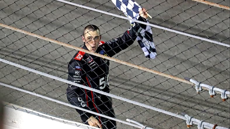 Feb 13, 2021; Daytona Beach, FL, USA; Xfinity Series driver Austin Cindric (22) celebrates winning the Beef. It's What's for Dinner. 300 at Daytona International Speedway. Mandatory Credit: Mark J. Rebilas-USA TODAY Sports