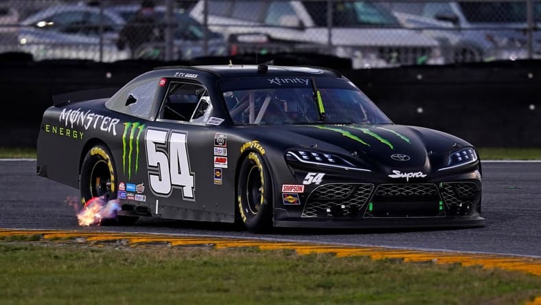Feb 20, 2021; Daytona Beach, FL, USA; NASCAR Xfinity Series driver Ty Gibbs (54) races during the Super Start Batteries 188 at the Daytona International Speedway Road Course. Mandatory Credit: Jasen Vinlove-USA TODAY Sports